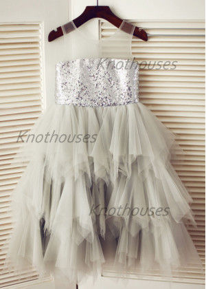 Sheer Neck Silver Sequin Gray Ruffled Tulle Wedding Flower Girl Dress